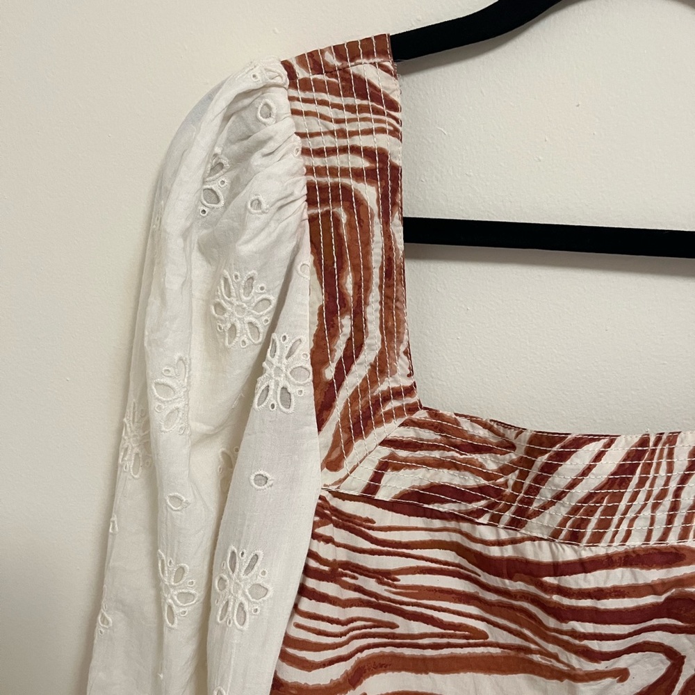Anthro. Love the Label Smocked Zebra Blouse with Eyelet Puff Sleeves, M - Picture 6 of 15